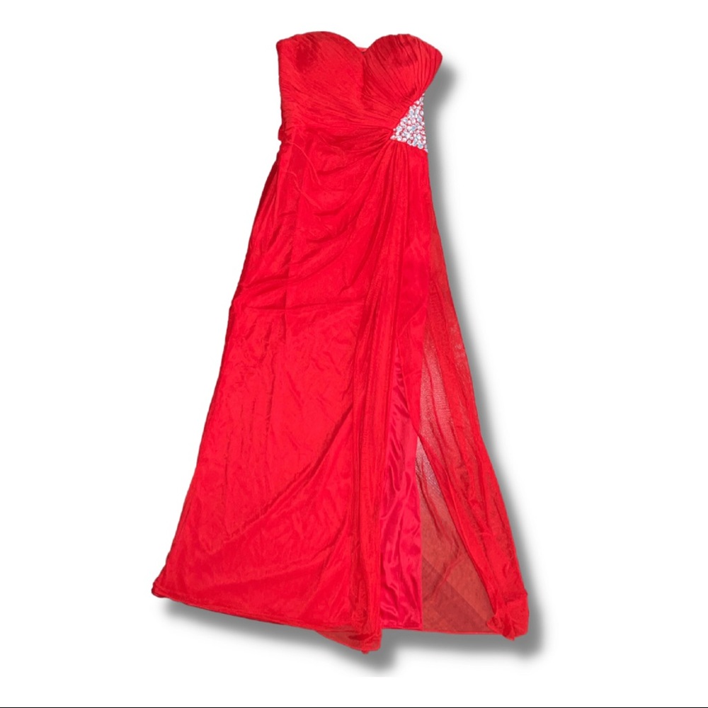 Red Sleeveless Sweetheart Neck Gown with Side Slit & Rhinestone Embellishments